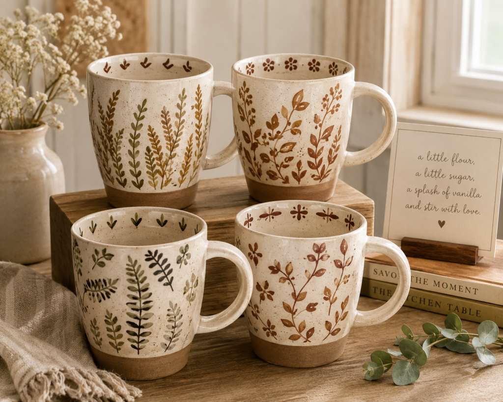 Rustic Floral Ceramic Coffee Mugs (set of 4)